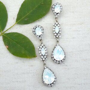 Haute Bride Triple Drop White Opal Crystal Earrings, Weddings, Formal, NWT